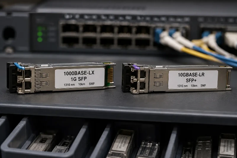 1G SFP and 10G SFP+ modules side by side 1G SFP and 10G SFP+ modules side by side